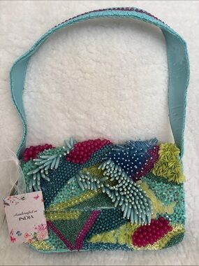 Embellished Beaded Aqua Shoulder Bag - Handcrafted Accent